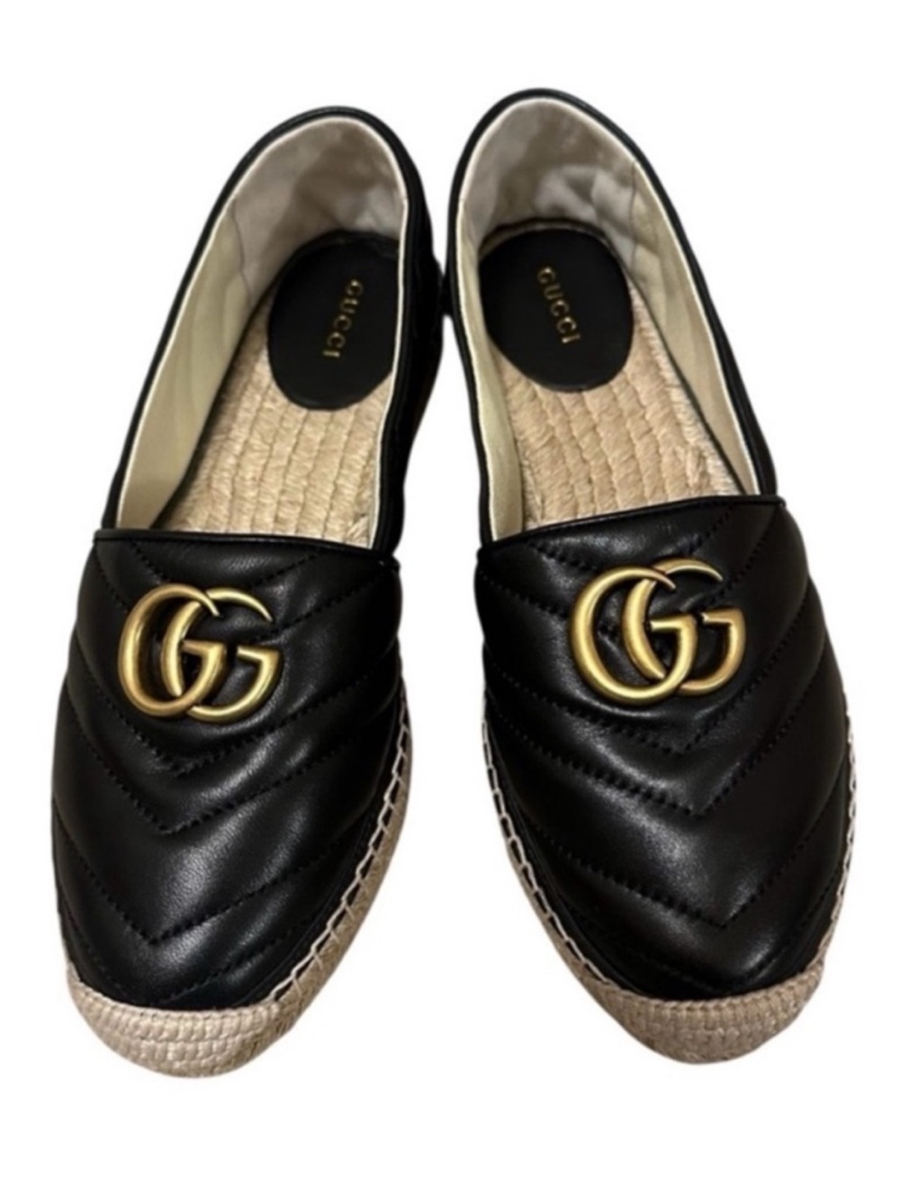 GUCCI Charlotte GG Black Quilted Leather Espadrille Flats - Picture 2 of 13